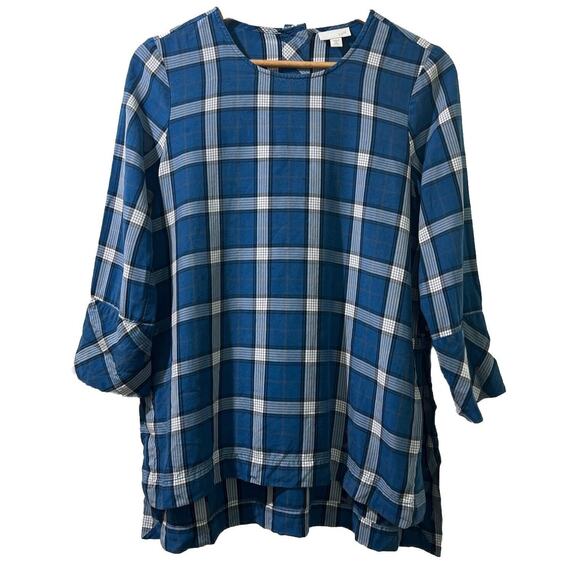 J. Jill Atlantic Plaid Tunic Top size XS Petites Hi-lo Button Back blue - Picture 3 of 15